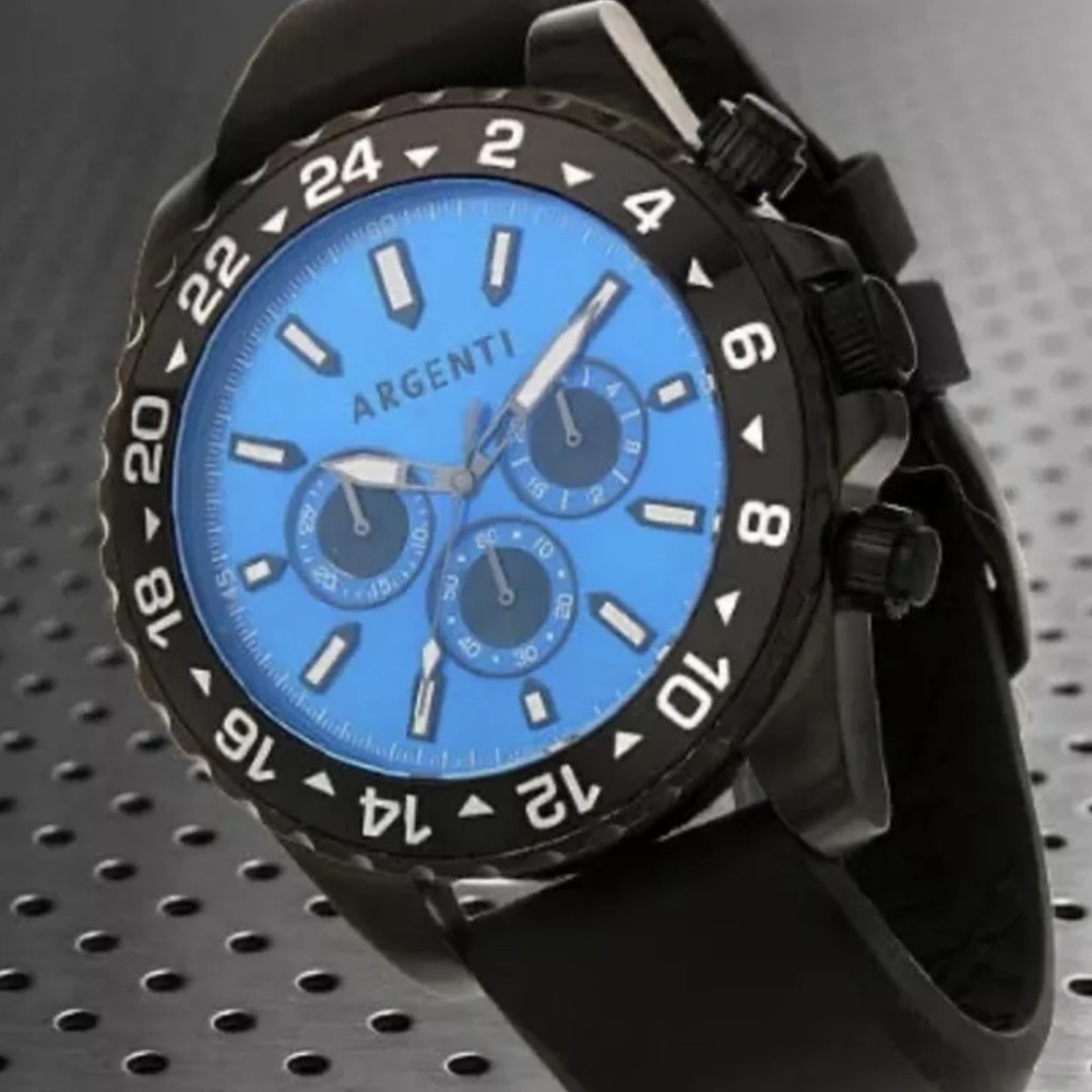 Argenti Mens Santero Chronograph Black silicone Blue Face Black Case watch